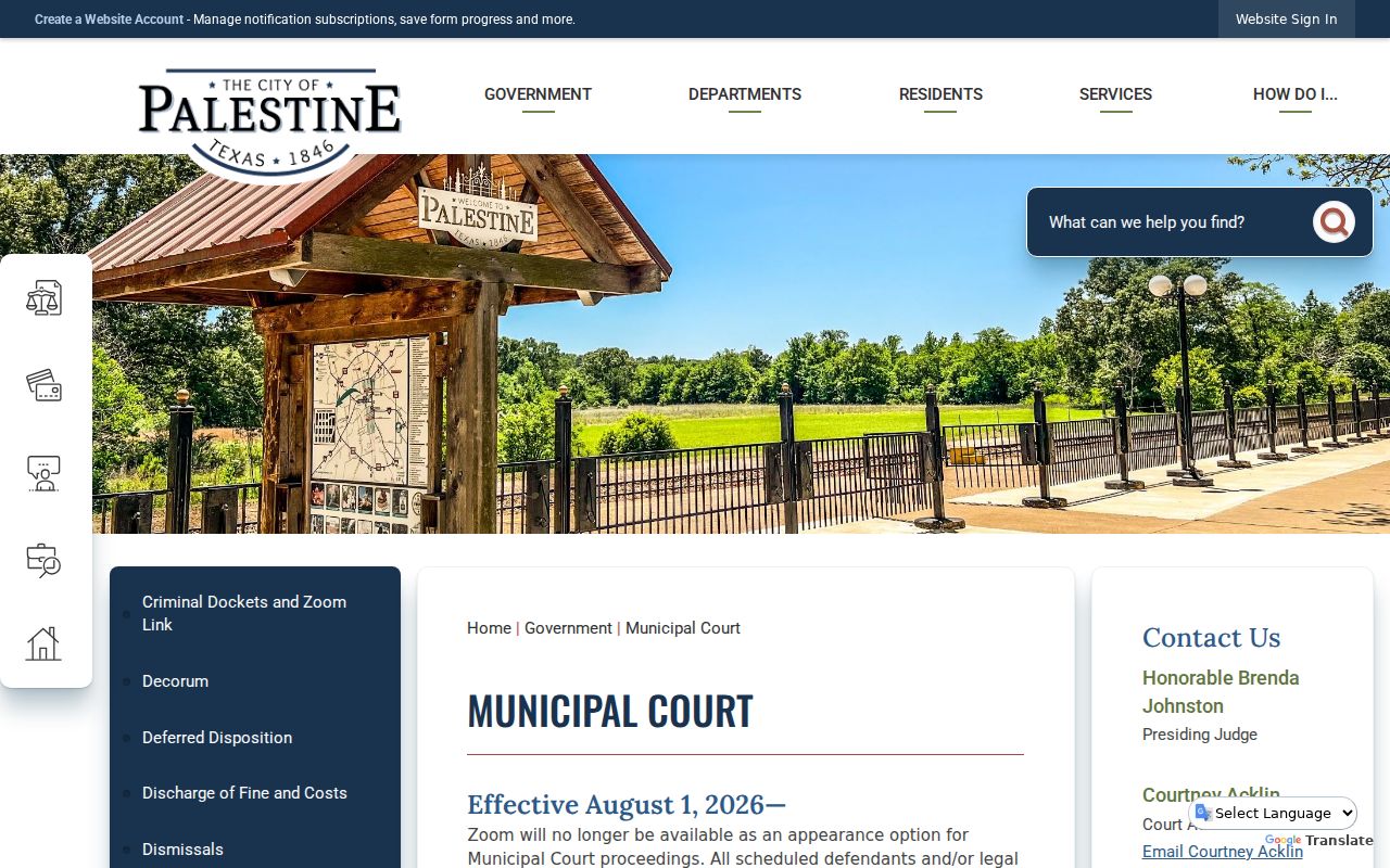 Palestine Municipal Court access and contact page