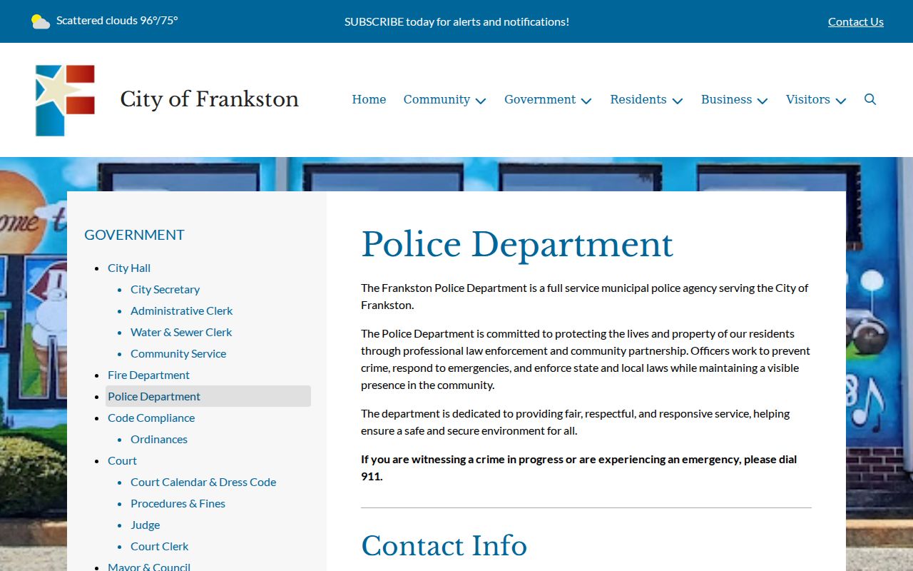 Official Frankston Police Department contact page