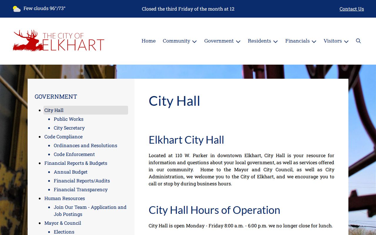 Official Elkhart City Hall address and counter hours